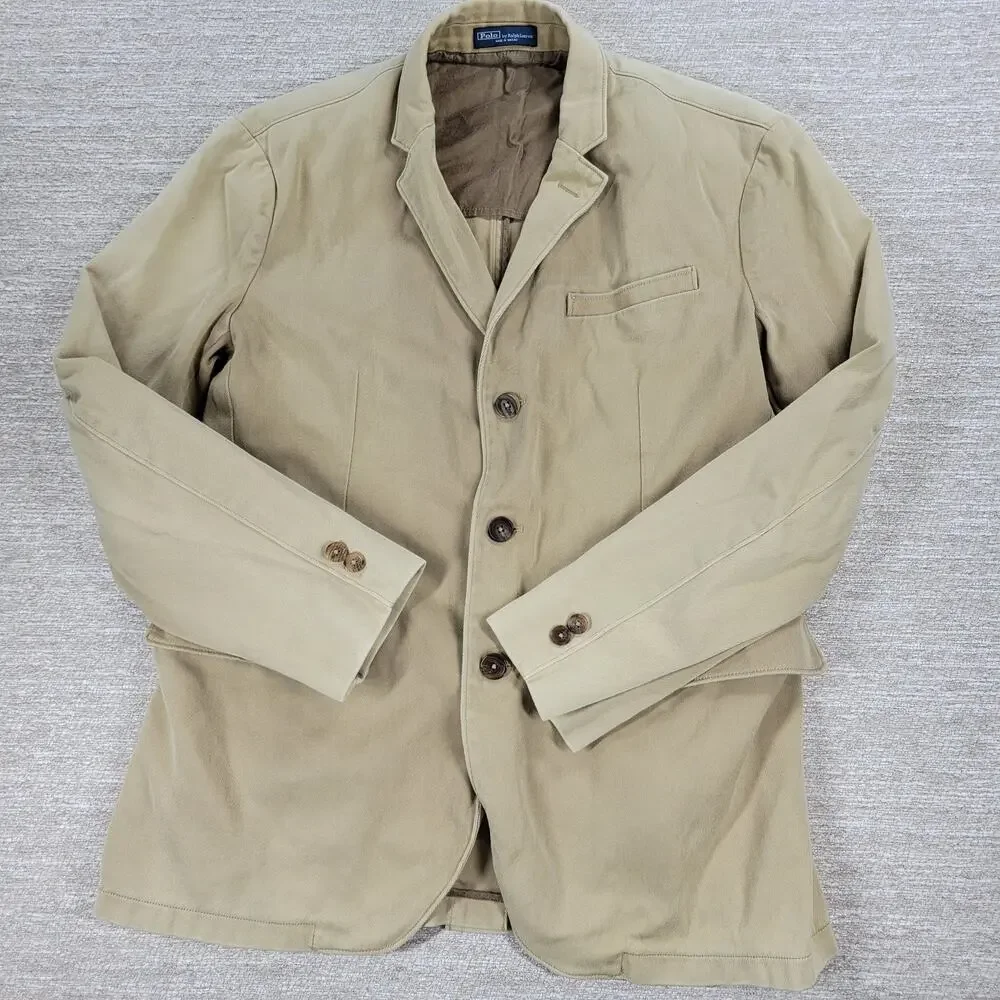 Vintage Polo Ralph Lauren 3 Button Blazer Jacket Mens 42R Khaki Tan Cotton Twill - Picture 16 of 16